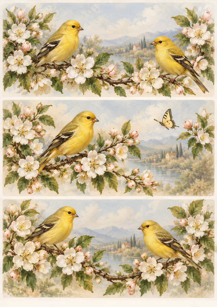 Rice Paper for Decoupage Golden Spring Songbirds Collage Cat 10905