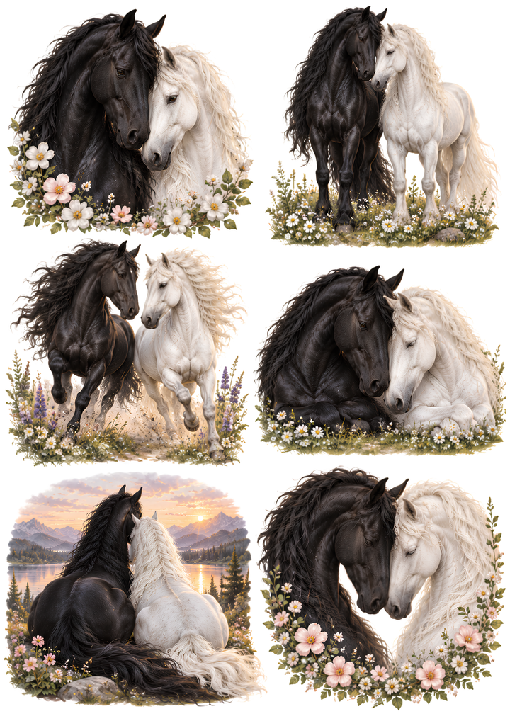 Rice Paper for Decoupage Black and White Friesian Horses Collage  Cat 10937