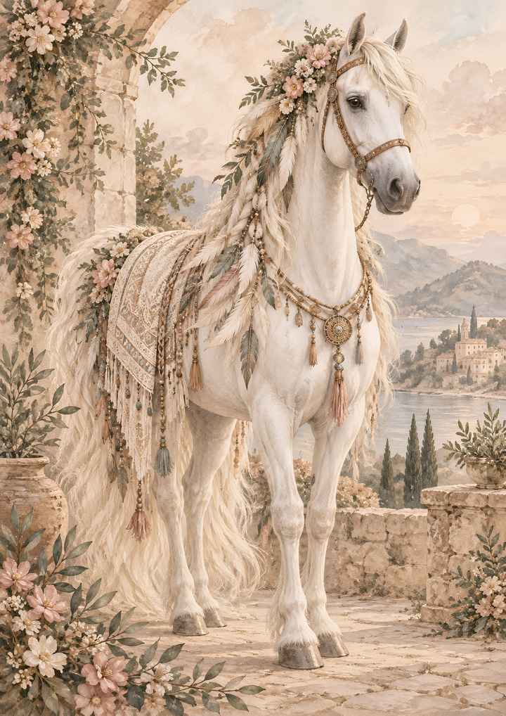 Rice Paper for Decoupage  Bohemian White Horse Full Cat 10941