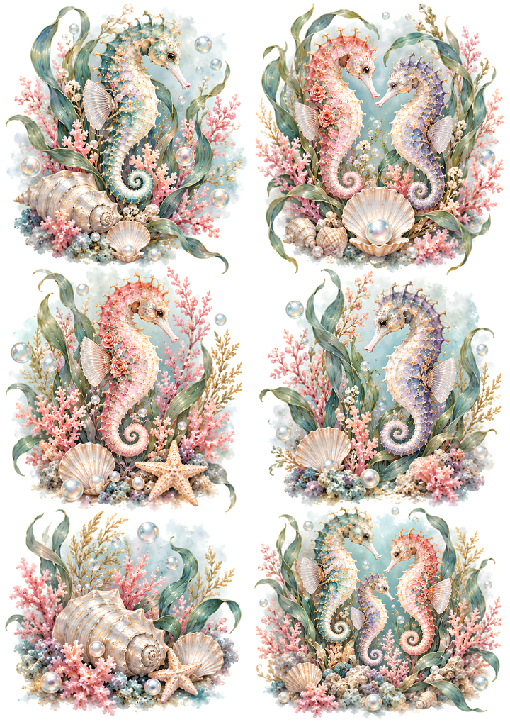 Rice Paper for Decoupage Enchanted Seahorses Collage Cat 10948