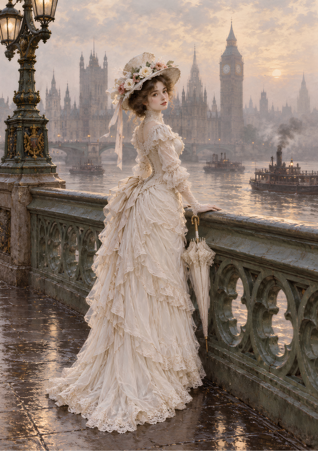 Rice Paper for Decoupage Romantic Edwardian Lady by the Thames Full Cat 10976