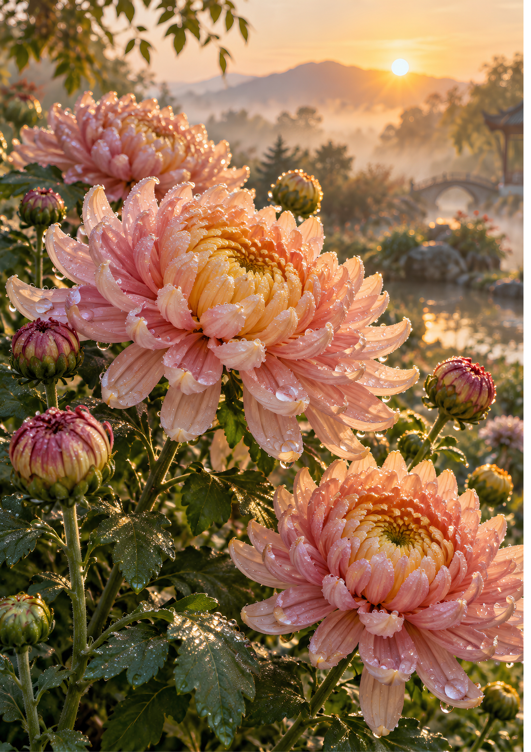Rice Paper for Decoupage Golden Morning Dew - Blush Pink Chrysanthemums  Full Cat 10983