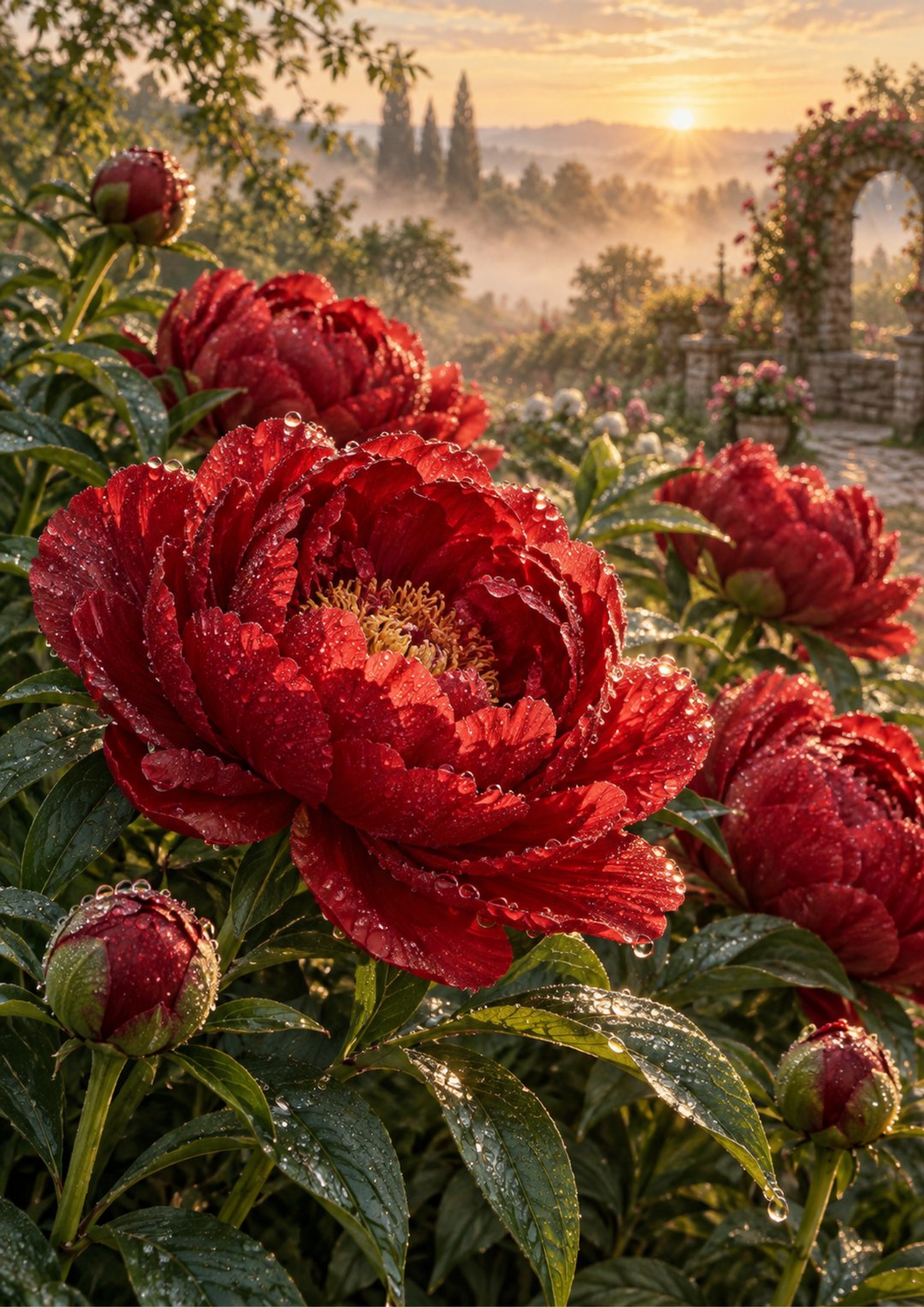 Rice Paper for Decoupage Crimson Peonies at Golden Sunrise - Morning Dew Garden Full Cat 10986