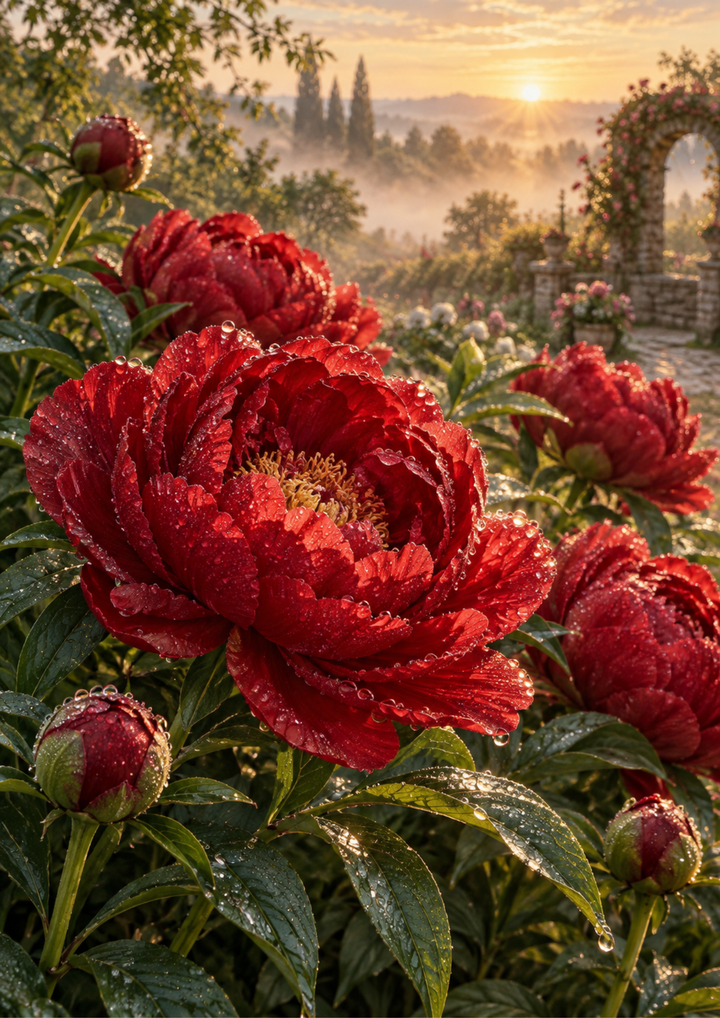Rice Paper for Decoupage Crimson Peonies at Golden Sunrise - Morning Dew Garden Full Cat 10986