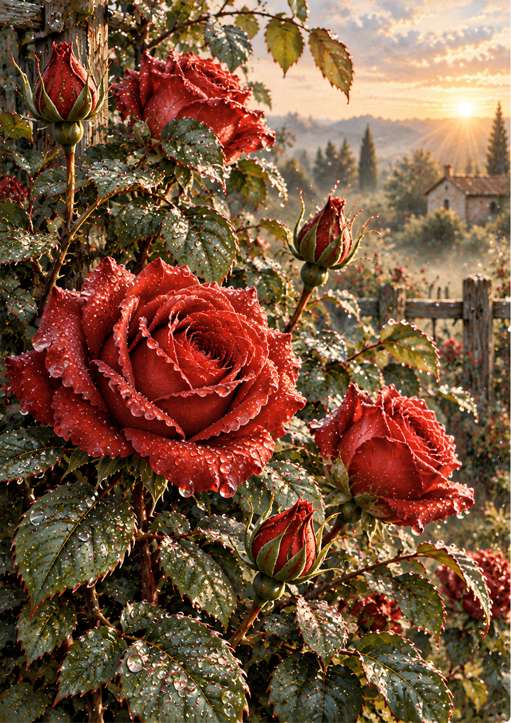Rice Paper for Decoupage Red Roses at Golden Sunrise - Morning Dew Garden Full Cat 10987