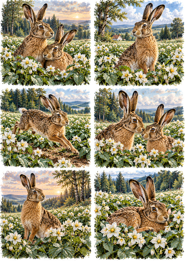Rice Paper for Decoupage Springtime Hares - Wild Rabbits Among White Blossoms Cat 10992
