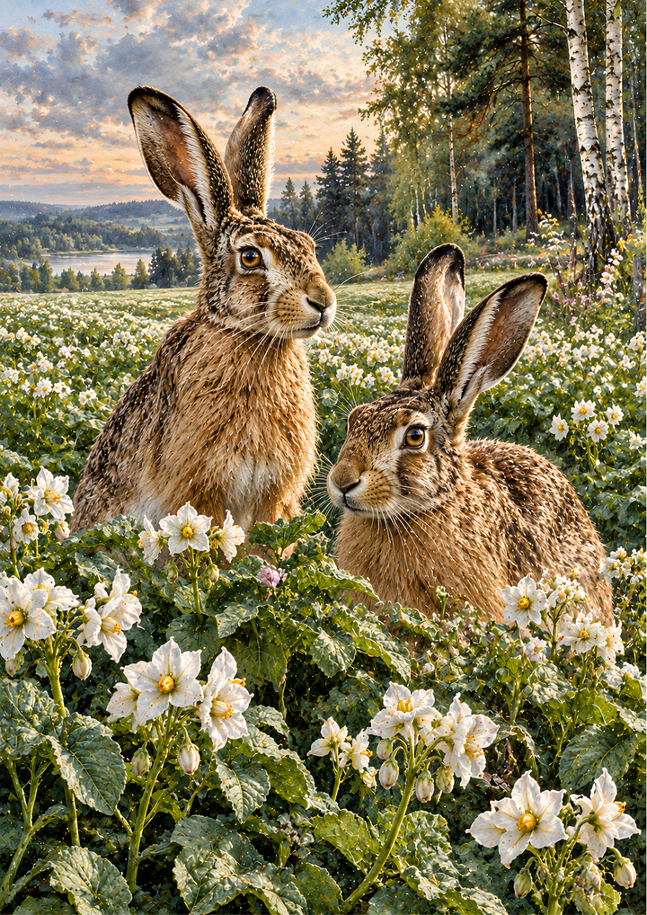 Rice Paper for Decoupage Springtime Hares - Wild Rabbits Among White Blossoms Full Cat 10993