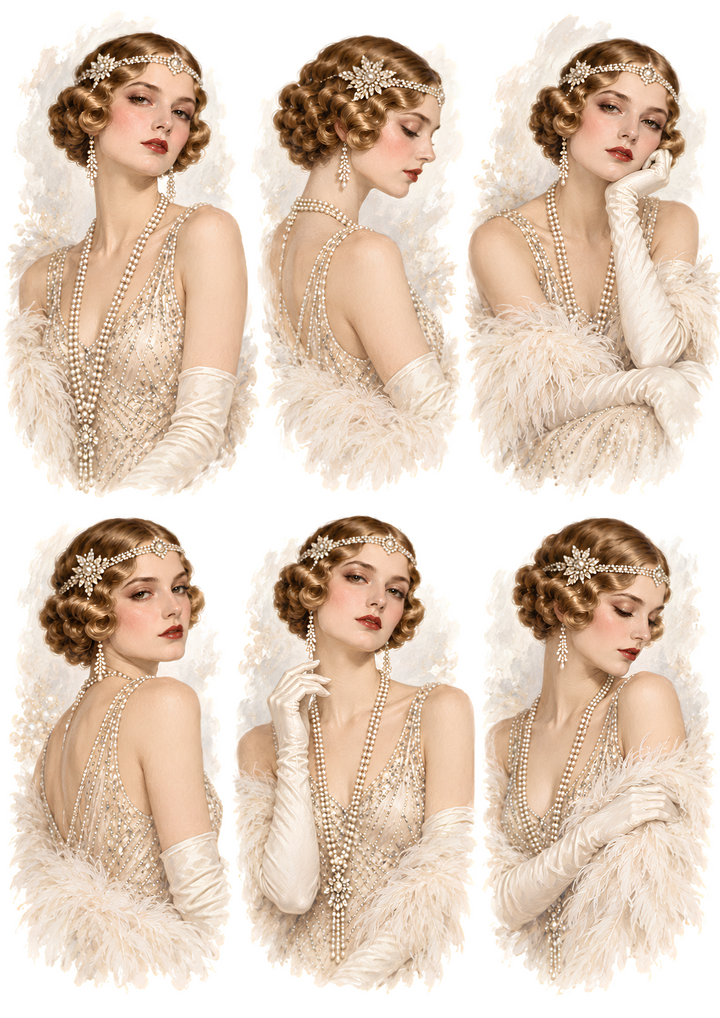 Rice Paper for Decoupage 1920s Art Deco Glamour - Elegant Flapper Lady with Pearls and Feathers Collage Cat 11023