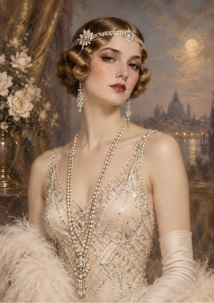 Rice Paper for Decoupage 1920s Art Deco Glamour - Elegant Flapper Lady with Pearls and Feathers Full Cat 11024