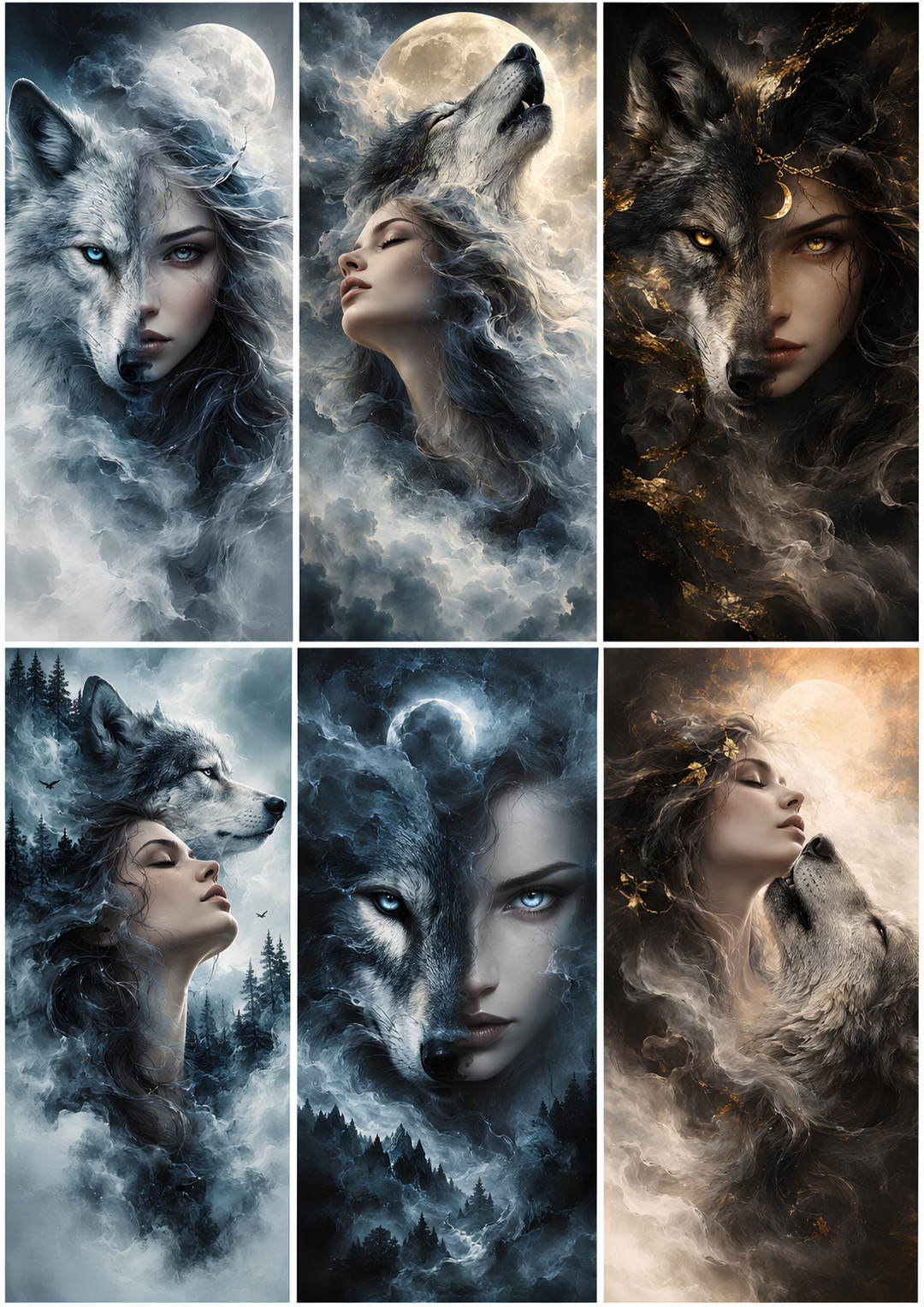 Rice Paper for Decoupage Mystical Wolf and Moon Goddess - Fantasy Woman Portrait Collage Cat 11042