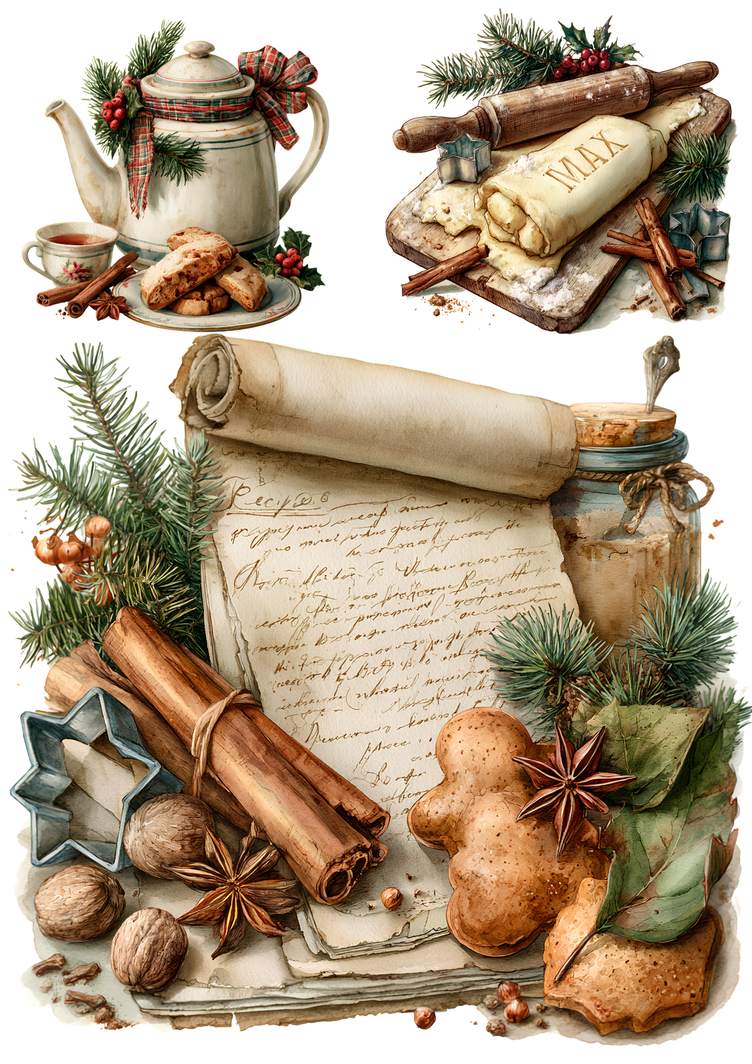 Rice Paper for Decoupage Vintage Christmas Baking - Antique Recipe Scroll Collage Cat 11064