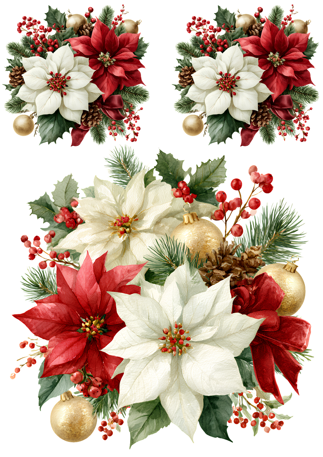 Rice Paper for Decoupage Vintage Christmas Poinsettia Floral Arrangements with Red and White Flowers Collage Cat 11068