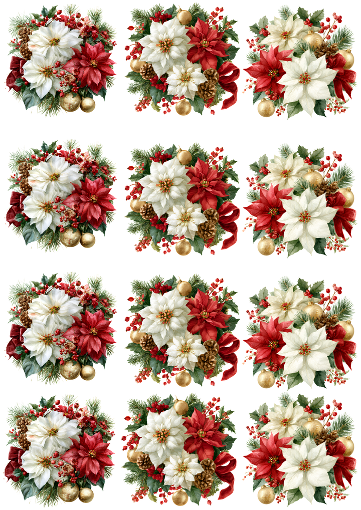 Rice Paper for Decoupage Vintage Christmas Poinsettia Floral Arrangements with Red and White Flowers Collage Cat 11069