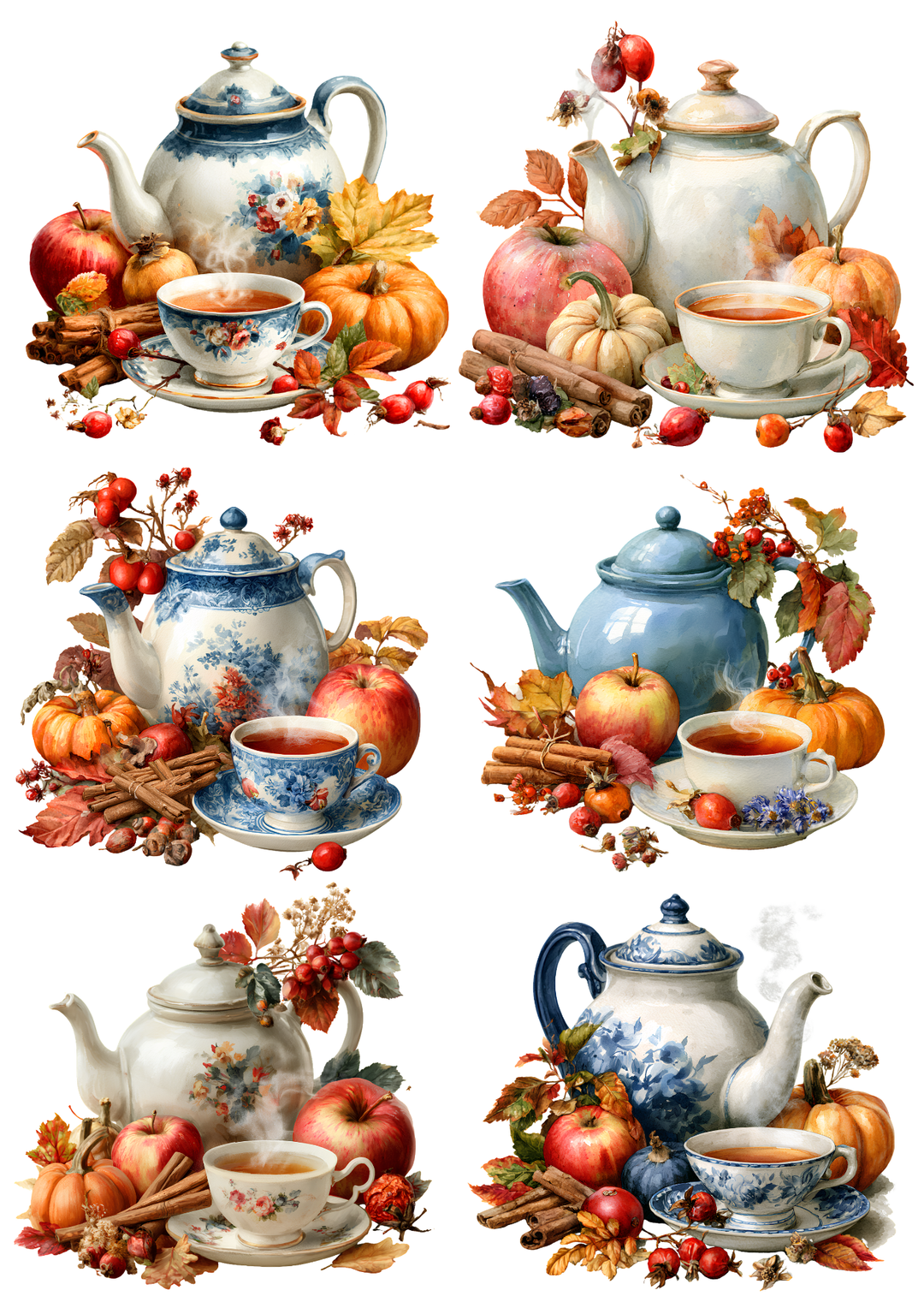 Rice Paper for Decoupage Vintage Autumn Tea Time - Floral Teapots  Collage Cat 11074