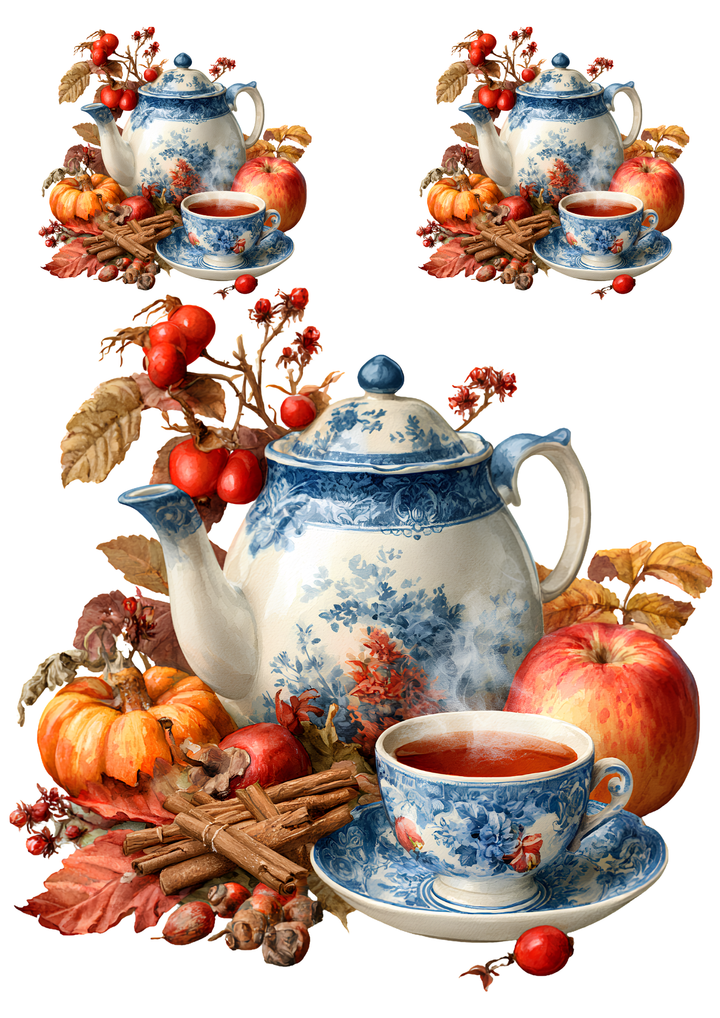 Rice Paper for Decoupage Vintage Autumn Tea Time - Floral Teapots  Collage Cat 11075
