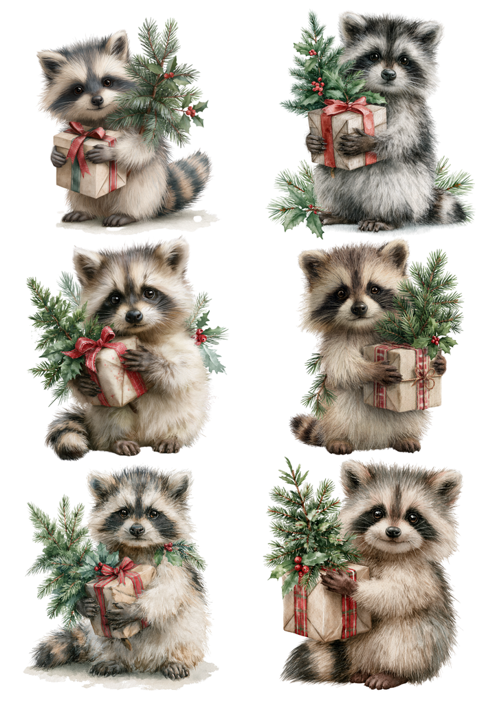 Rice Paper for Decoupage Cute Christmas Raccoons with Wrapped Gifts Collage Cat 11076