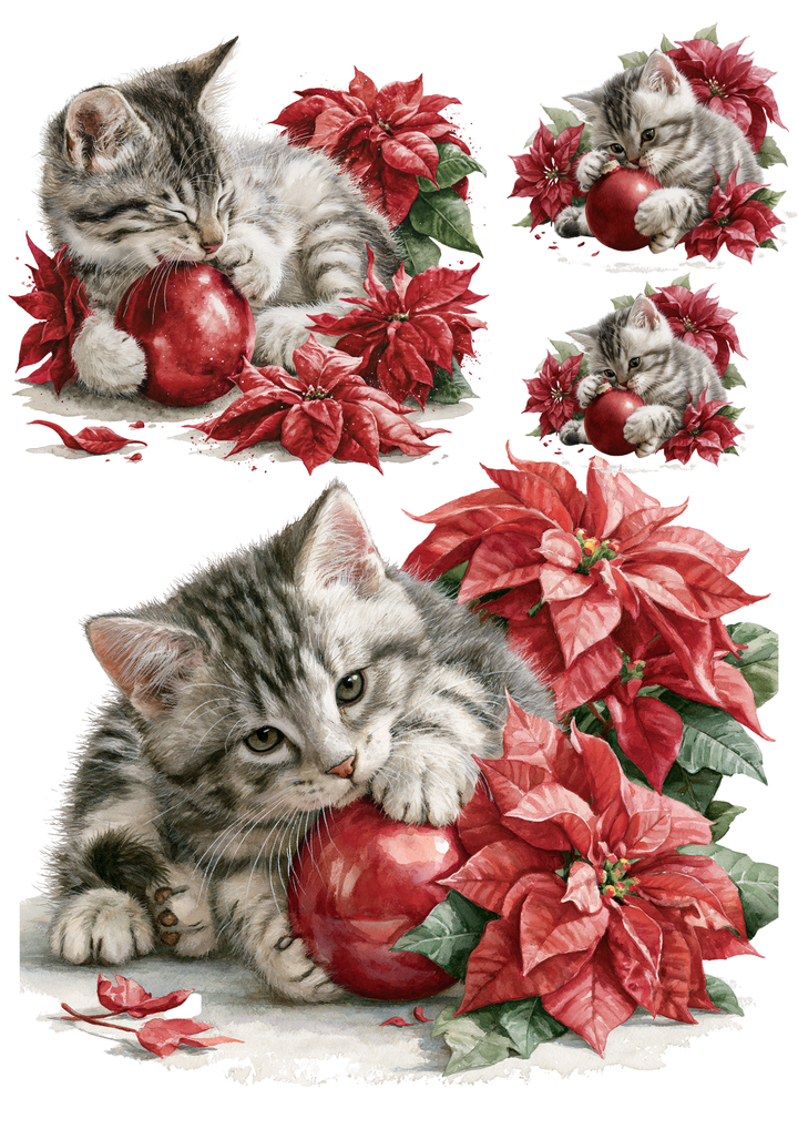Rice Paper for Decoupage Cute Christmas Kitten with Red Bauble and Poinsettia Flowers Collage Cat 11077