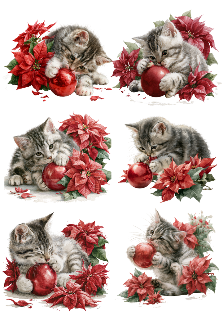 Rice Paper for Decoupage Cute Christmas Kitten with Red Bauble and Poinsettia Flowers Collage Cat 11078