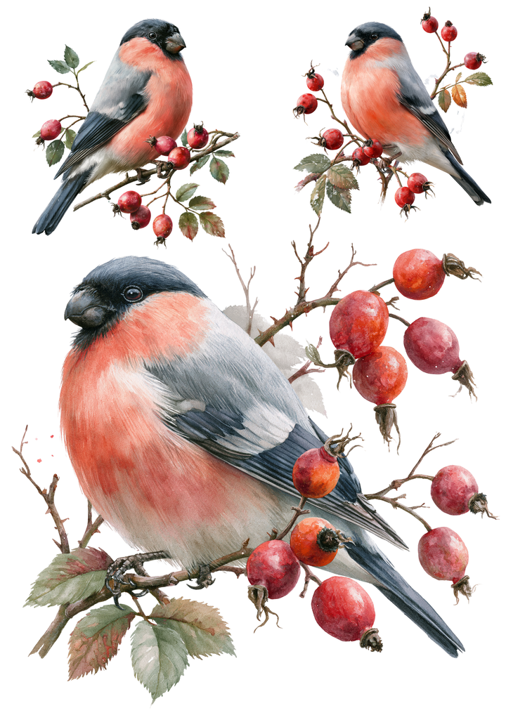 Rice Paper for Decoupage Winter Bullfinches on Rosehip Branches Collage Cat 11079