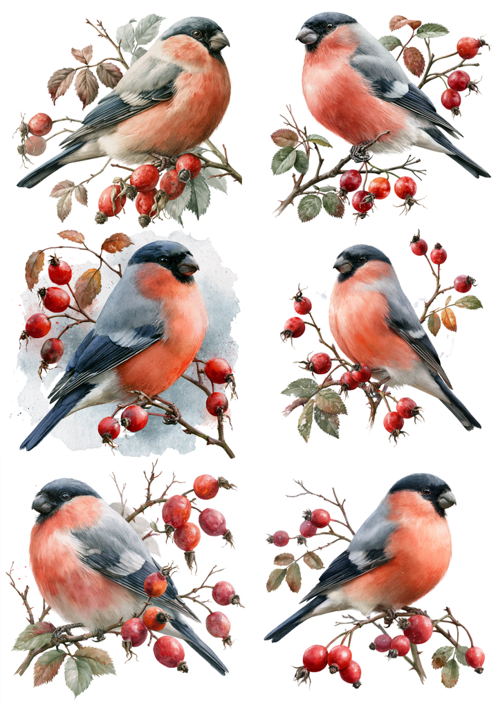 Rice Paper for Decoupage Winter Bullfinches on Rosehip Branches Collage Cat 11080