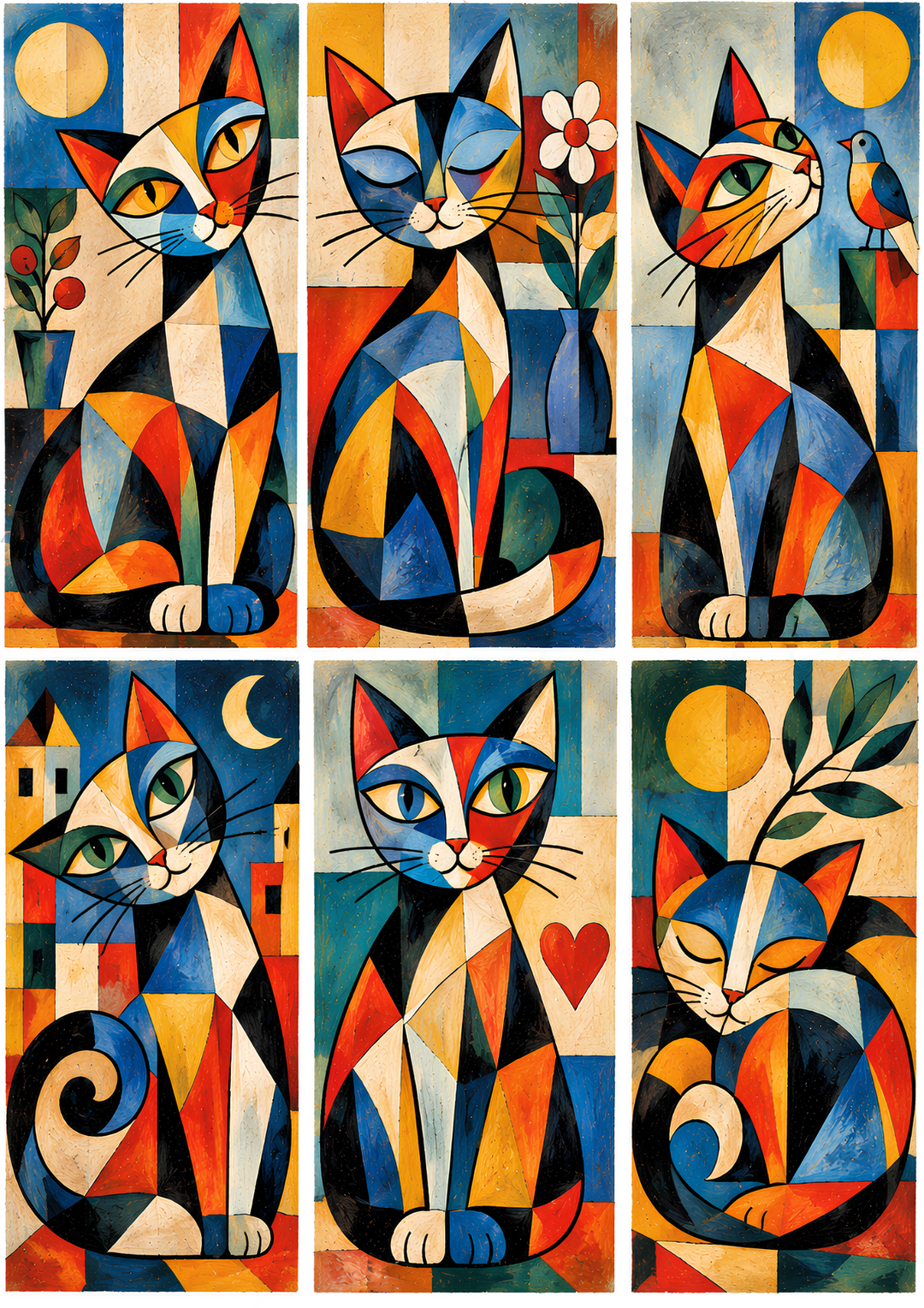 Rice Paper for Decoupage Abstract Geometric Cats - Colorful Cubist Cat Portraits Collage Cat 11081
