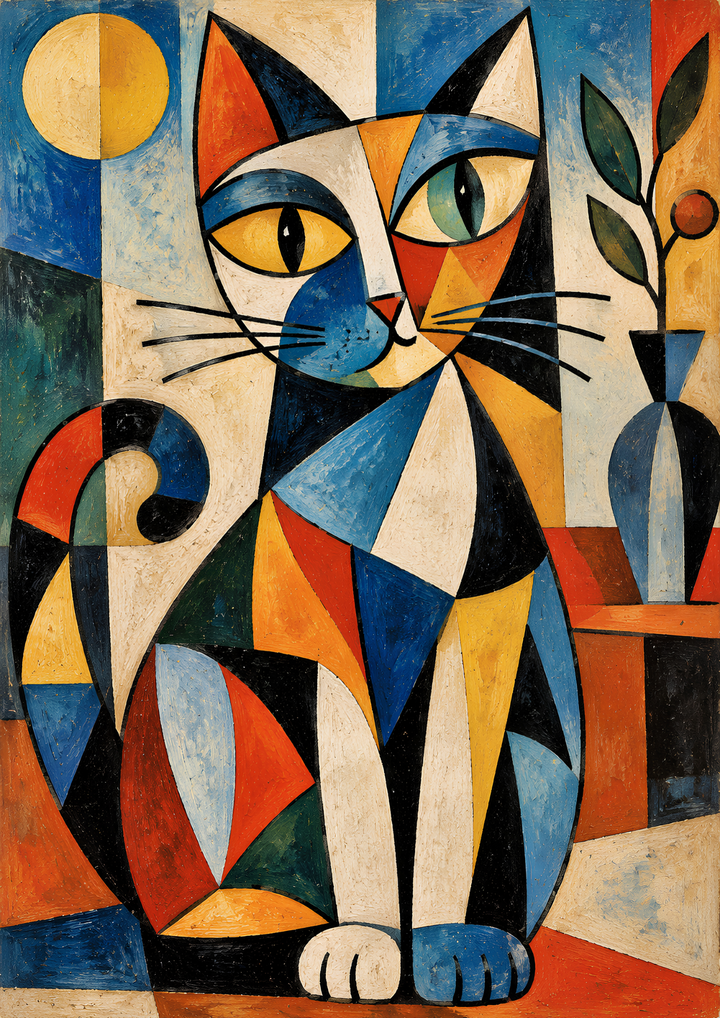 Rice Paper for Decoupage Abstract Geometric Cat - Colorful Cubist Cat Portrait Full Cat 11082