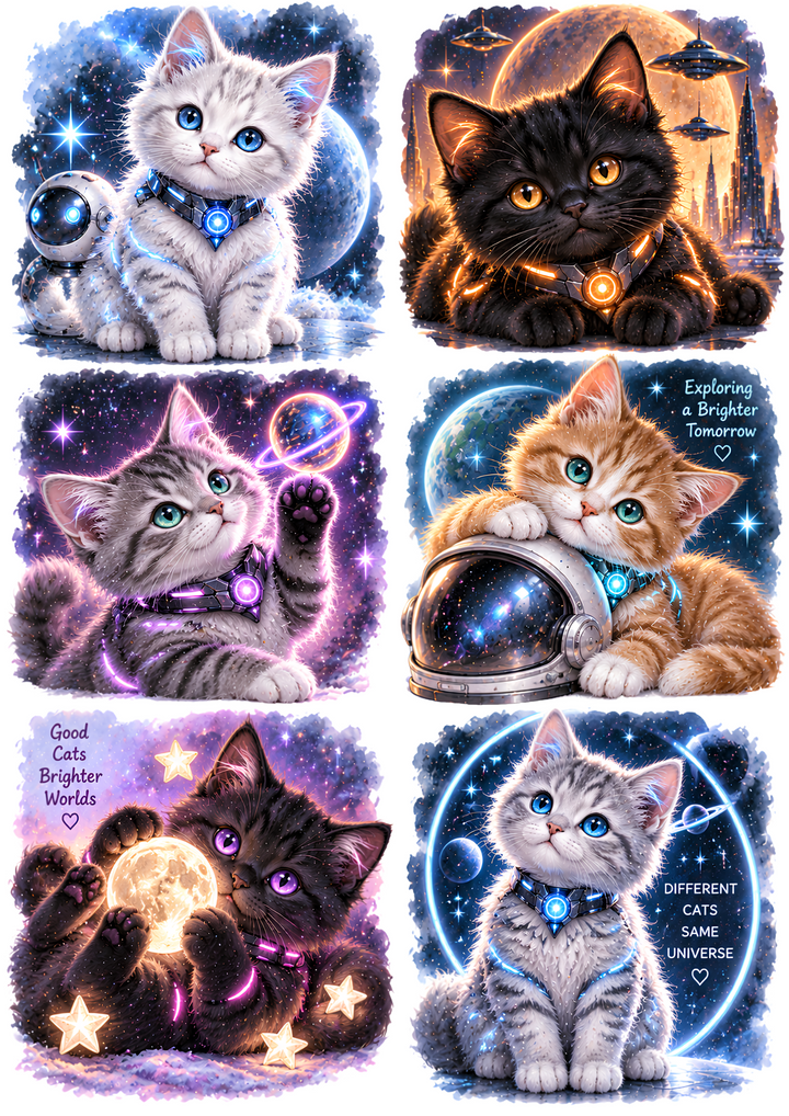 Rice Paper for Decoupage Cosmic Space Kittens - Cute Galaxy Cats with Glowing Planets Collage  Cat 11083