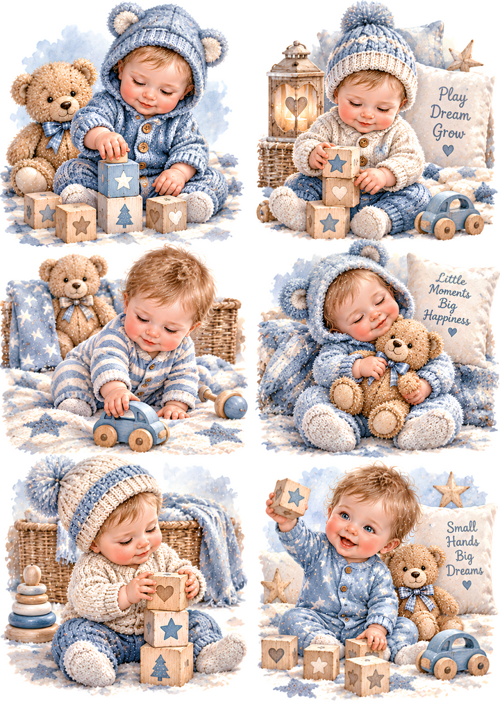 Rice Paper for Decoupage Adorable Baby Boy in Blue Knitted Outfits with Teddy Bears and Wooden Toys Collage Cat 11085