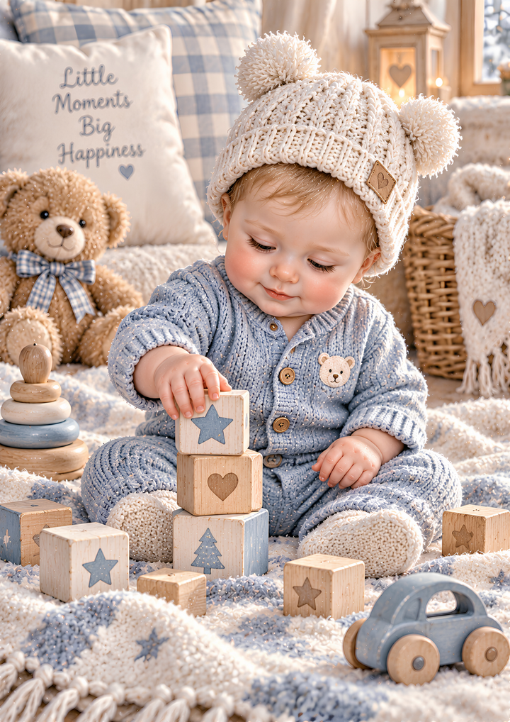Rice Paper for Decoupage Adorable Baby Boy in Blue Knitted Outfits with Teddy Bears and Wooden Toys Full Cat 11086