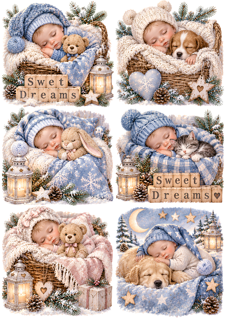 Rice Paper for Decoupage Sweet Winter Baby Dreams - Sleeping Babies with Teddy Bears Collage Cat 11087