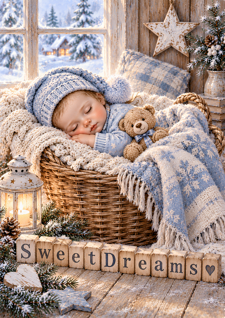 Rice Paper for Decoupage Sweet Winter Baby Dreams - Sleeping Baby with Teddy Bear Full Cat 11088