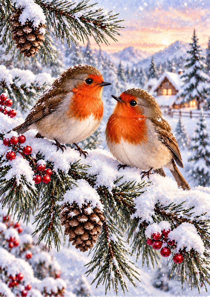 Rice Paper for Decoupage Winter Red Robins Scene Full Cat 11093