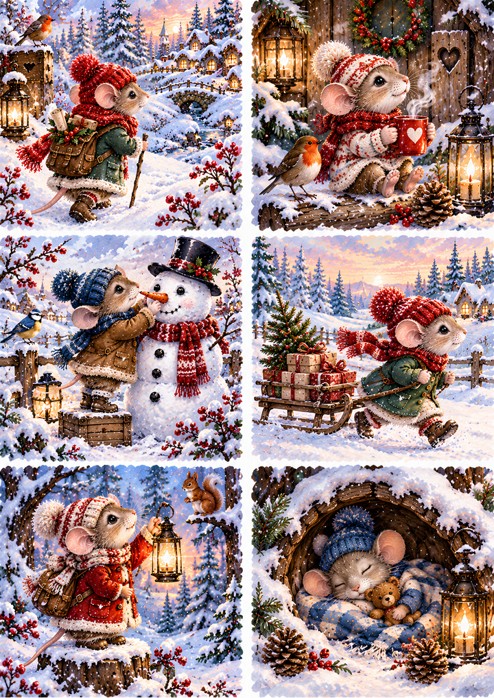 Rice Paper for Decoupage Winter Mouse Scenes - Cozy Woodland Christmas Collage Cat 11097