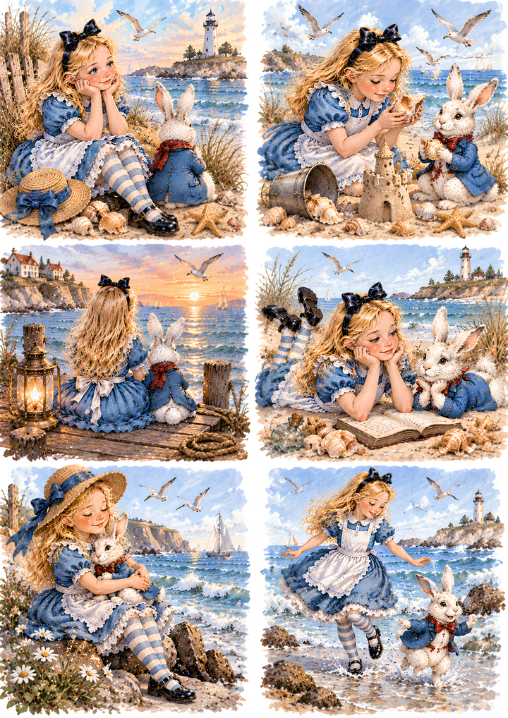 Rice Paper for Decoupage Alice in Wonderland Seaside - White Rabbit Coastal Collage Cat 11099