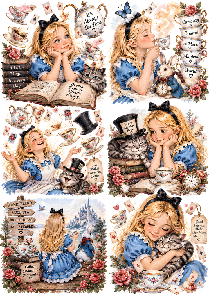 Rice Paper for Decoupage Alice in Wonderland - Vintage Tea Party Collage Cat 11101