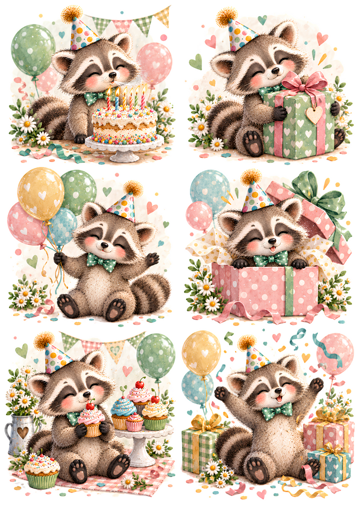 Rice Paper for Decoupage Birthday Raccoon Magic - Adorable Birthday Party &amp; Celebration Scenes Collage Cat 11122