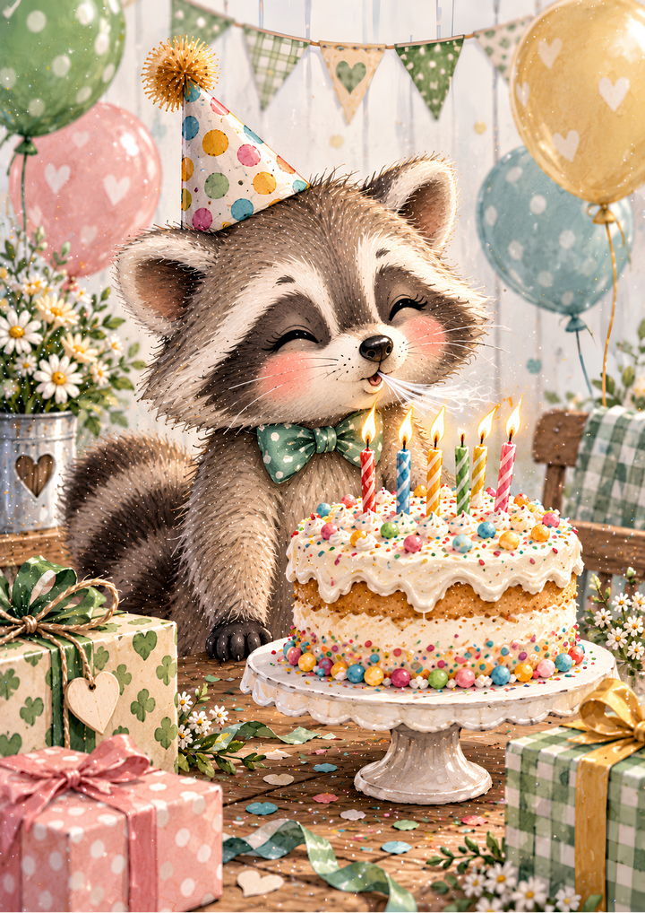 Rice Paper for Decoupage Birthday Raccoon Magic - Adorable Birthday Party &amp; Celebration Scene Full Cat 11123 (Copy)