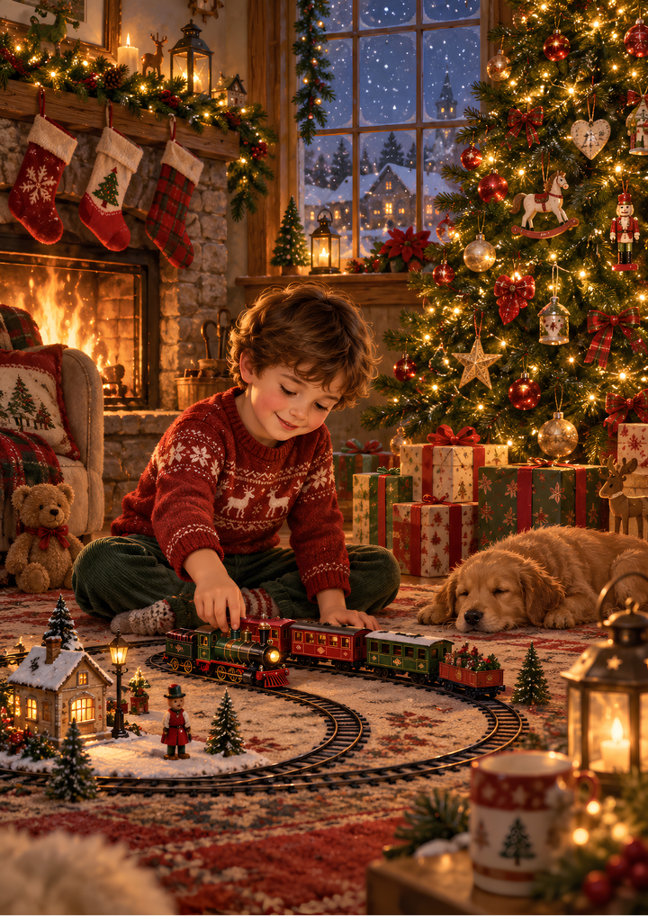 Rice Paper for Decoupage Little Boy &amp; Toy Train - Christmas Scene Full Cat 11128