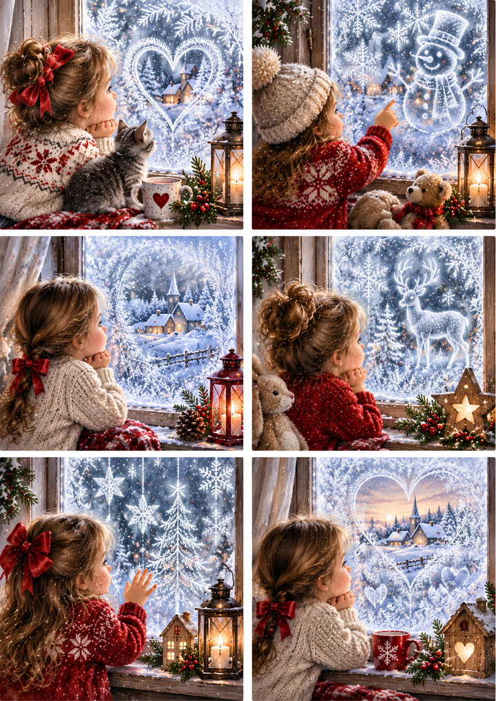 Rice Paper for Decoupage Winter Window Wishes - Magical Frosted Christmas Window Scenes Collage Cat 11129