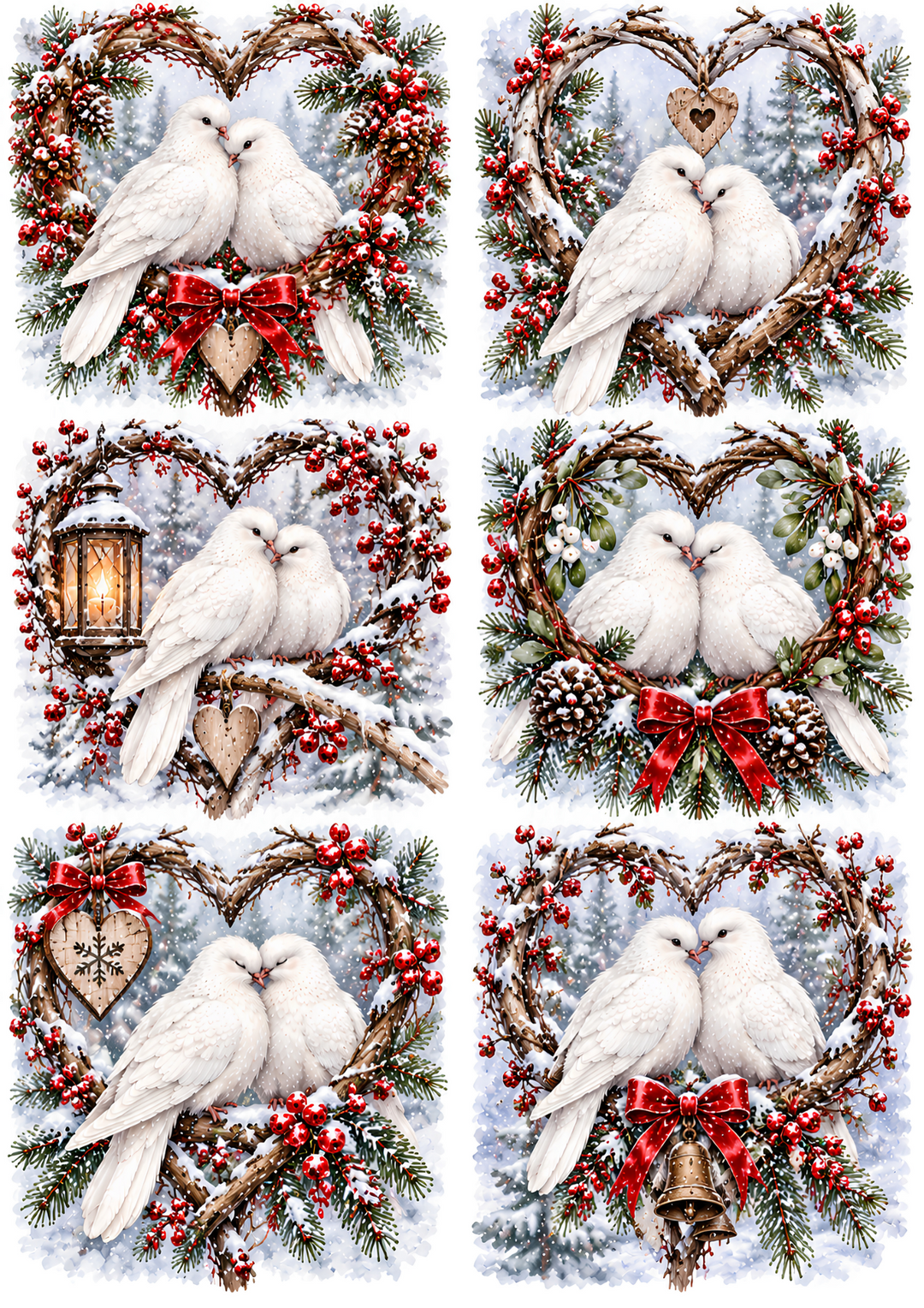 Rice Paper for Decoupage Christmas Doves of Love - Romantic Winter Heart Wreath Designs Collage Cat 11135