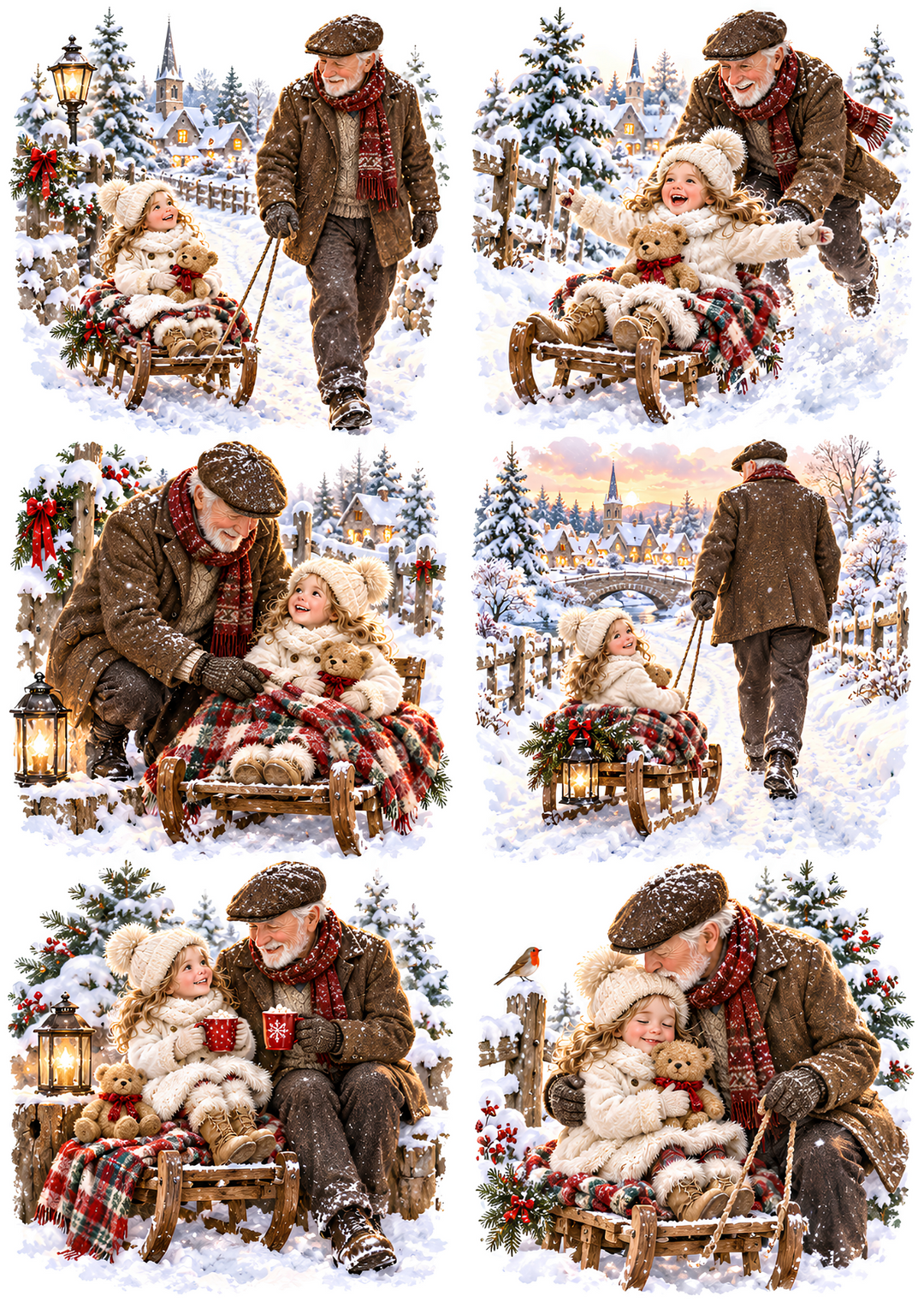 Rice Paper for Decoupage Winter Memories with Grandpa - Heartwarming Snowy Sledding Collage  Cat 11141