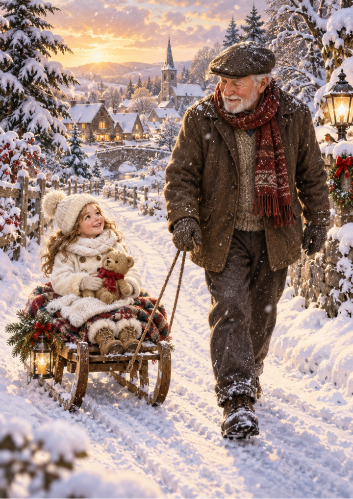 Rice Paper for Decoupage Winter Memories with Grandpa - Heartwarming Snowy Sledding Scene Full Cat 11142