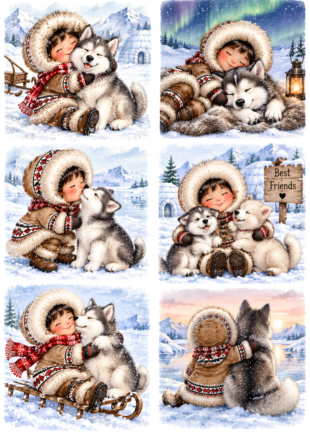 Rice Paper for DecoupageMy Little Husky Friend - Heartwarming Arctic Winter Friendship Scenes Collage  Cat 11143