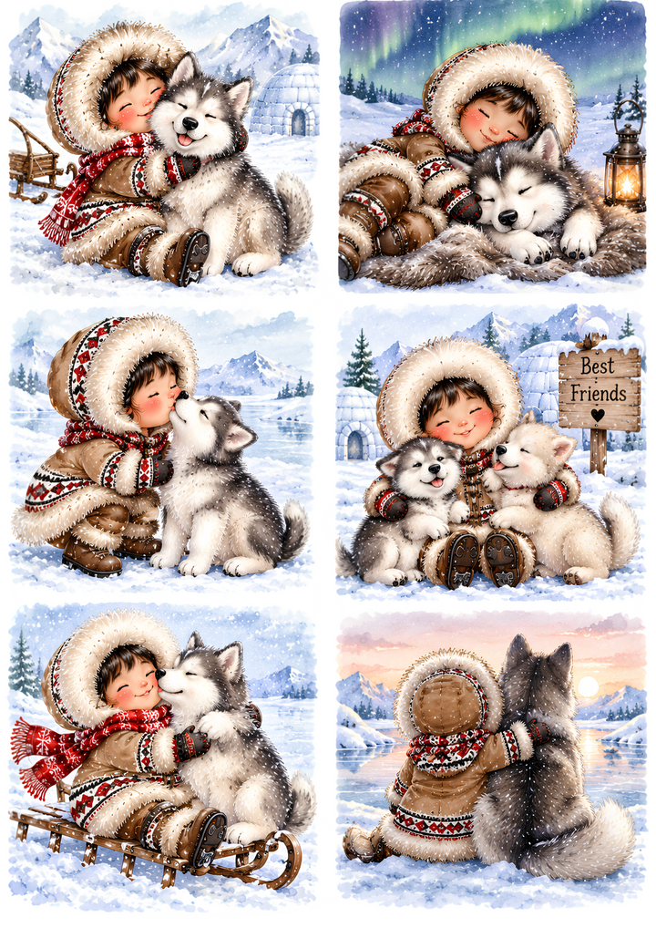 Rice Paper for DecoupageMy Little Husky Friend - Heartwarming Arctic Winter Friendship Scenes Collage  Cat 11143