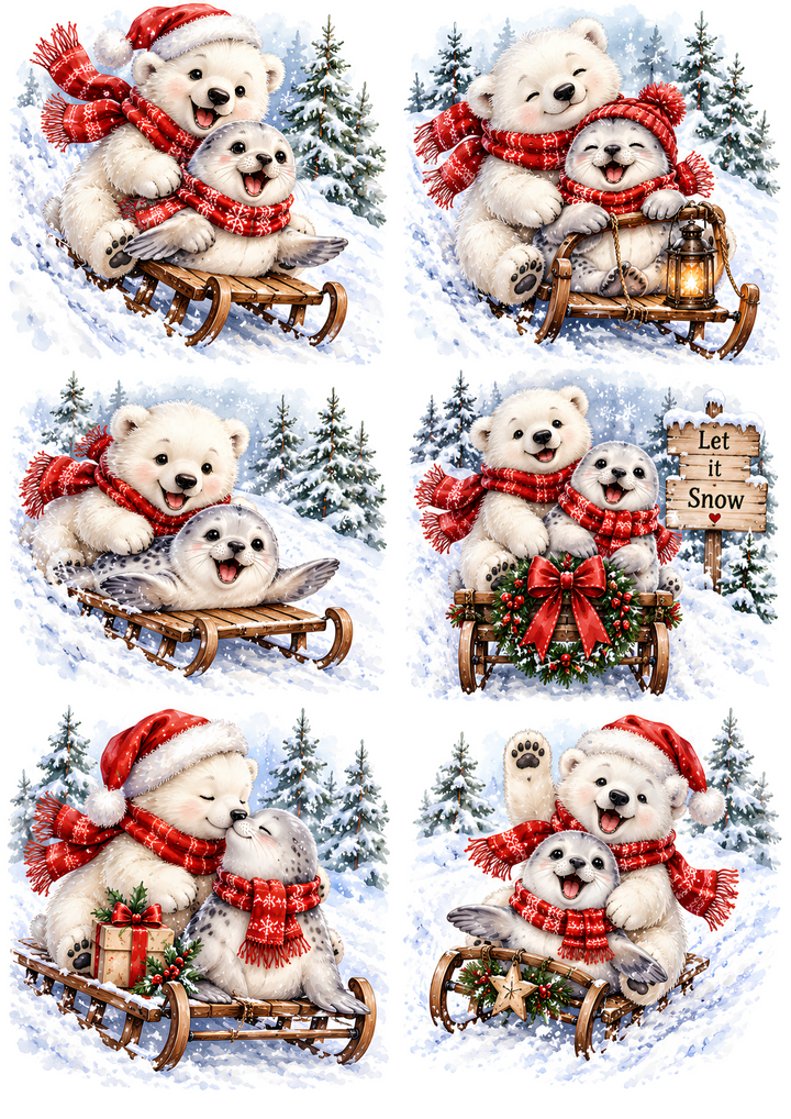 Rice Paper for Decoupage Polar Bear &amp; Baby Seal Collage  Cat 11149