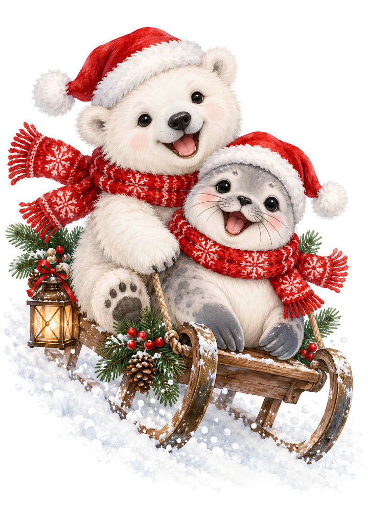 Rice Paper for Decoupage Polar Bear &amp; Baby Seal Sledding Adventure Full Cat 11150