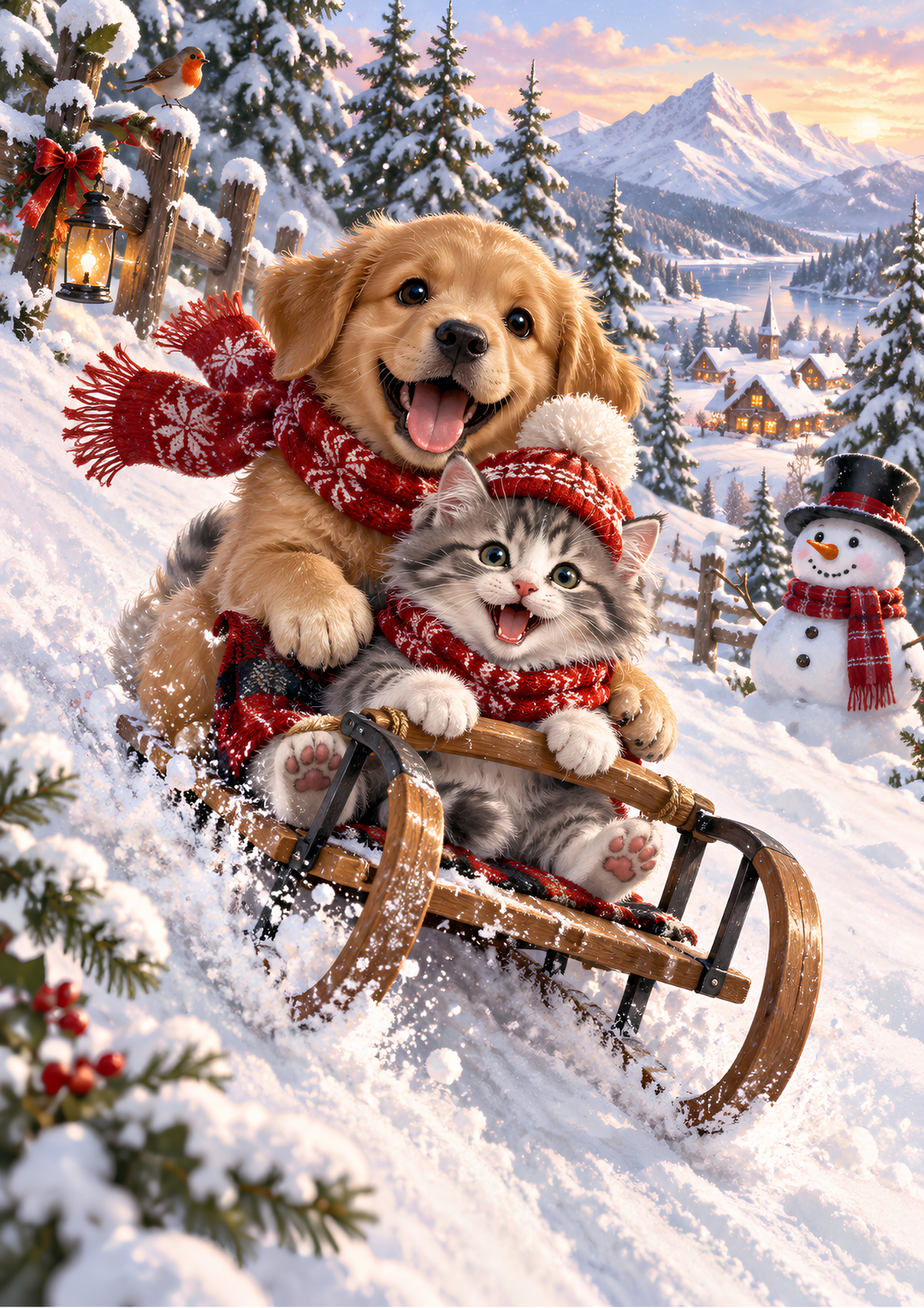 Rice Paper for Decoupage Christmas Sledding Adventures - Puppy &amp; Kitten’s Magical Winter Friendship Full Cat 11151