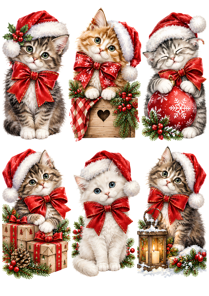 Rice Paper for Decoupage Adorable Santa Kittens with Festive Bows &amp; Gifts Collage Cat 11152