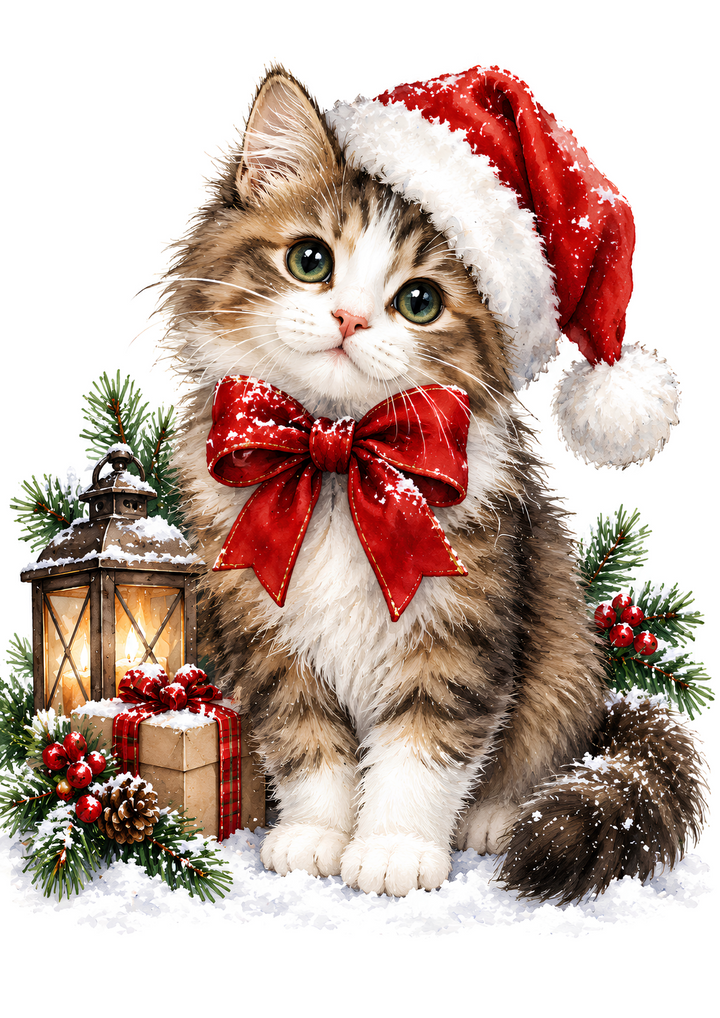 Rice Paper for Decoupage Adorable Little Christmas Cat in Santa Hat Full Cat 11153