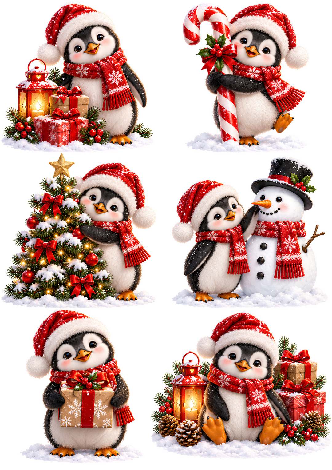 Rice Paper for Decoupage Adorable Festive Penguins with Santa Hats, Gifts &amp; Snowman Collage Cat 11165